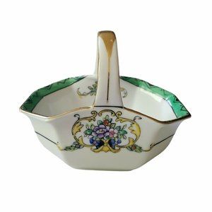 Noritake Handpainted Octagon Small Basket Gold Handle Flowers Art Deco Trim